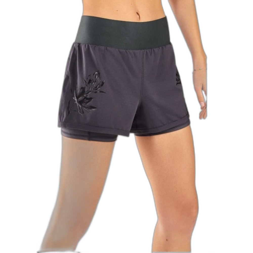 Fabletics Women's Dark Gray Floral Trim Double Layer Workout Shorts Size S